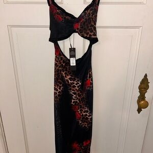 Fashion Nova Black and Red Leopard Print Midi Dress